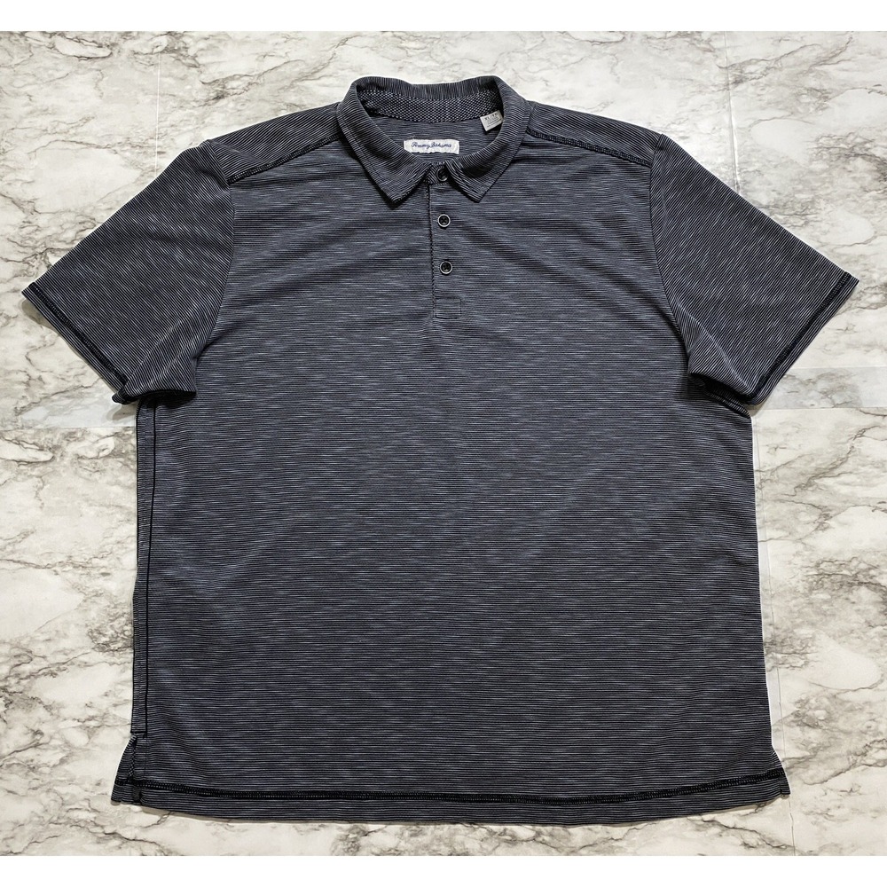 Tommy Bahama Men's Polo Shirt XL Gray Pinstripe Short Sleeve Tencel Lyocell